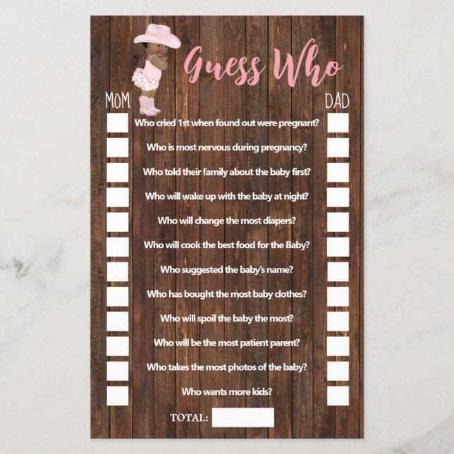 Pink Guess Who AA Cowgirl Baby Shower Game Card (Front)