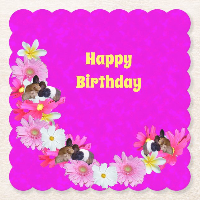 Pink Guinea Pigs And Flowers, Paper Coasters (Front)