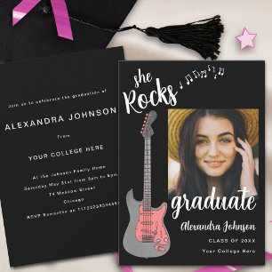 Pink Guitar Grad Photo White Script Grad Party Invitation