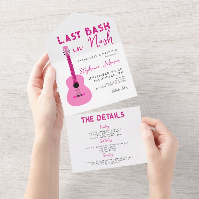 Pink Guitar Last Bash in Nash Bachelorette   All In One Invitation (Tearaway)