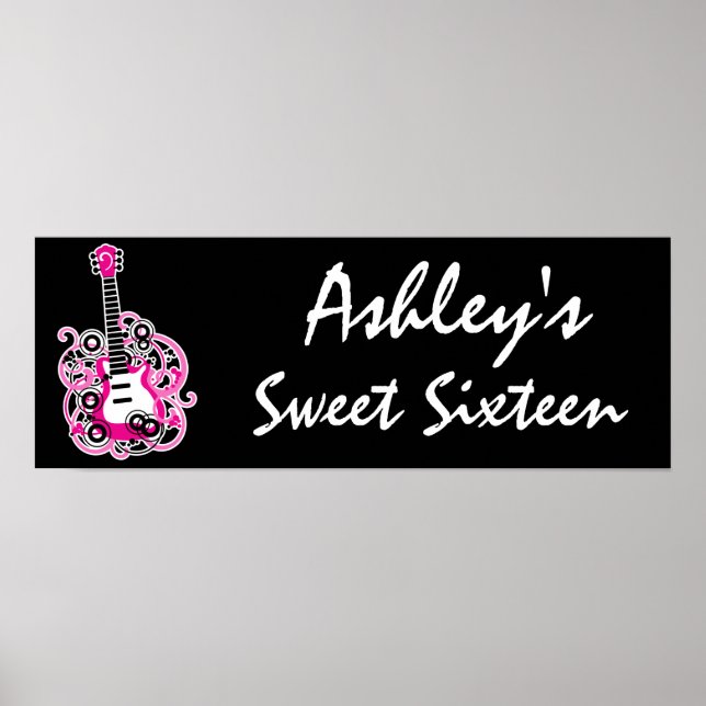 Pink Guitar Rock Star Sweet 16 Banner Poster (Front)