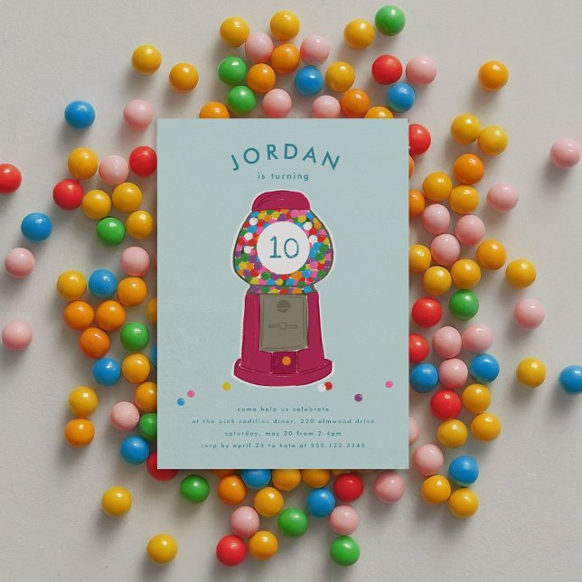 Pink Gumball Machine Candy Bubble Gum Birthday Invitation (Pink retro gumball candy machine kids mint blue birthday party invitation.)