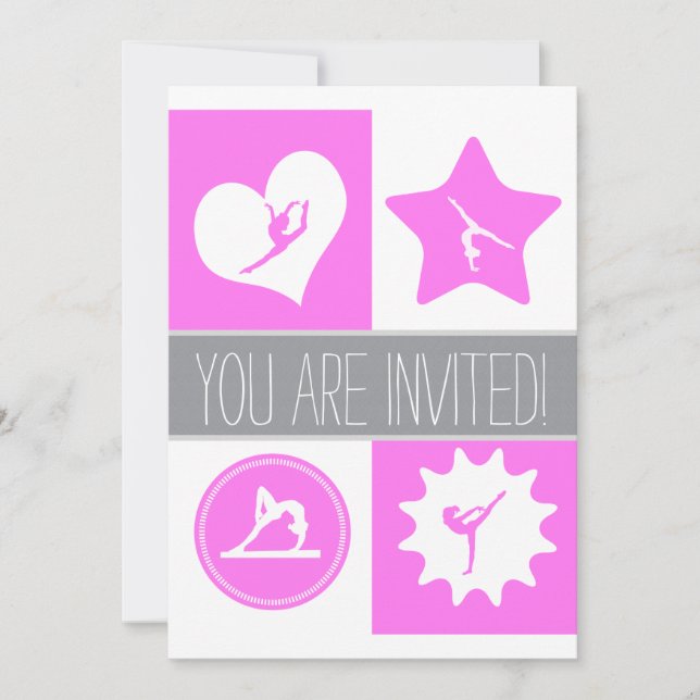 Pink Gymnastics 4 Squares Party Invitation (Front)