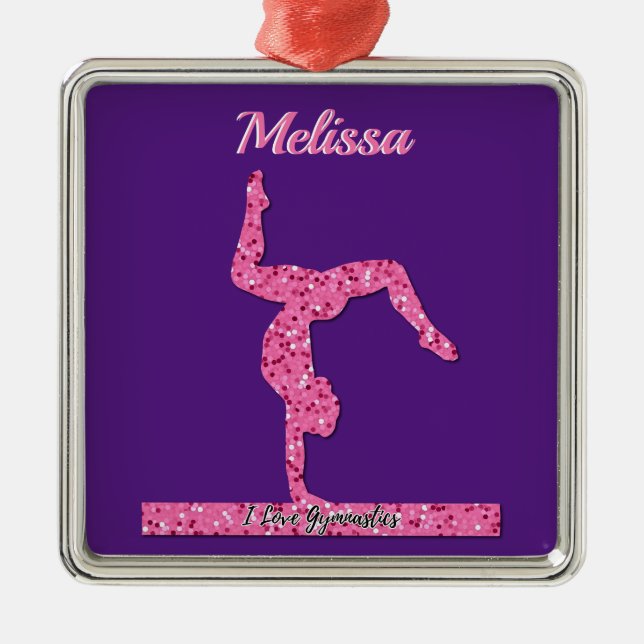 Pink Gymnastics Girl Sparkle Balance Beam Metal Ornament (Front)