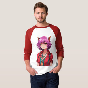 Pink Hair Anime Fox Ears Girl Fantasy Art T-Shirt