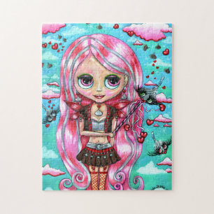Pink Hair Hearts and Kisses Fairy Big Eyes Jigsaw Puzzle