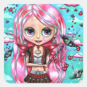 Pink Hair Hearts and Kisses Fairy Big Eyes Square Sticker