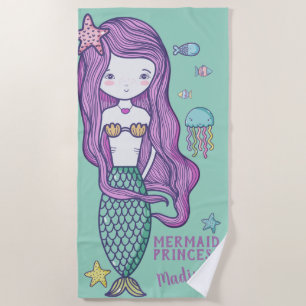 Pink Hair Mermaid and Ocean Friends Personalised Beach Towel
