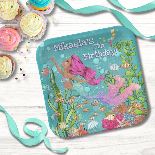 Pink Hair Mermaid Swimming Under the Sea Birthday Paper Plate (Creator Uploaded)
