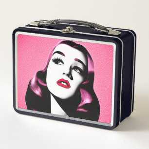 Pink Hair Retro Woman Metal Lunch Box