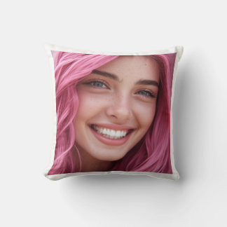 Pink Hair Smiling Woman Portrait Throw Pillow