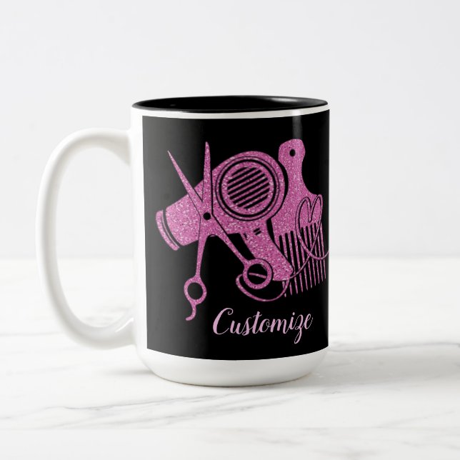 Pink Hair Stylist Logo Two-Tone Coffee Mug (Left)