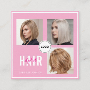 Pink Hair Stylist Photo Collage QR Code Elegant Square Business Card
