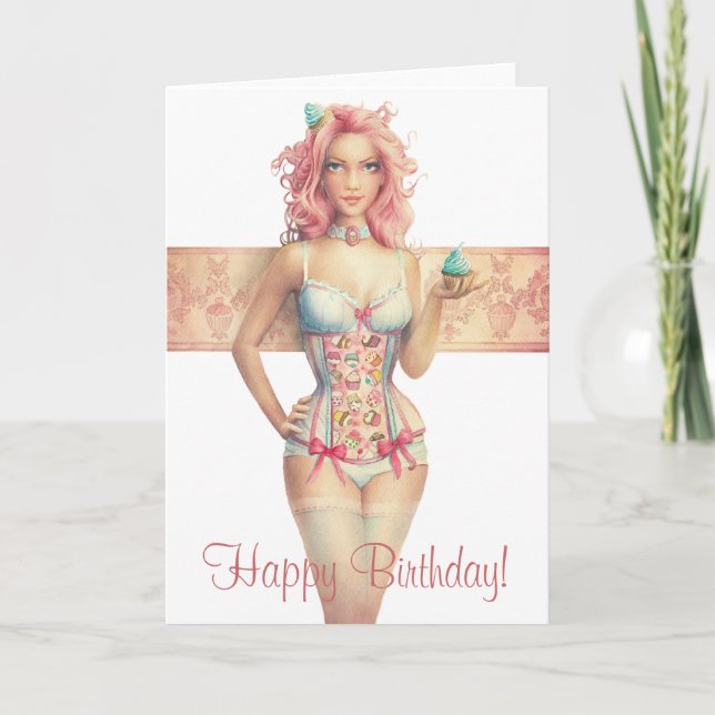 Pink Haired Cupcake Girl Birthday Card (Front)