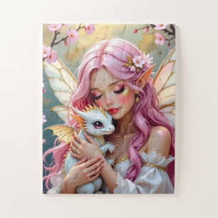 Pink Haired Fairy and White Baby Dragon Jigsaw Puzzle