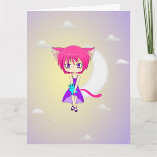 Pink Haired Neko Anime Girl, Greeting Card
