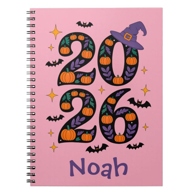 Pink Halloween 2026 Pumpkins Witch Hat Spooky Notebook (Front)