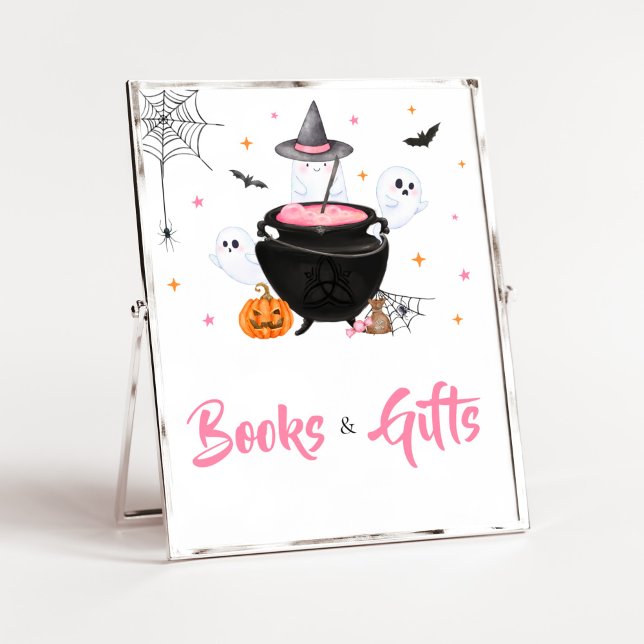 Pink Halloween Baby is Brewing Books and Gifts Poster (Baby is Brewing Baby Shower Books and Gifts Sign)