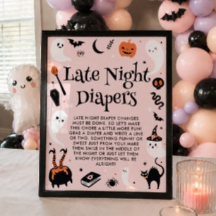 Pink Halloween Baby Shower Girl Late Night Diapers Poster