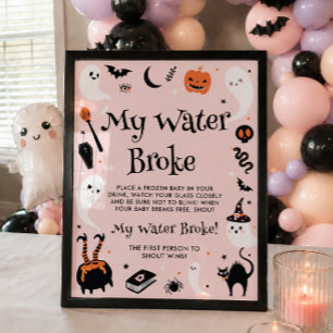 Pink Halloween Baby Shower My Water Broke Game Poster