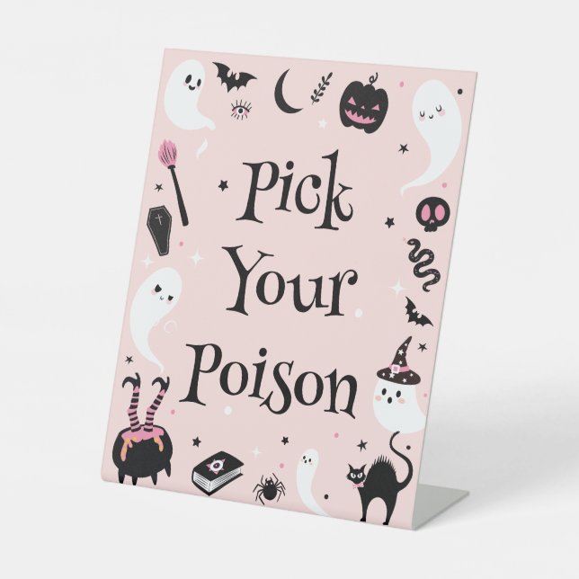 Pink Halloween Baby Shower Pick Your Poison Pedestal Sign (Front)