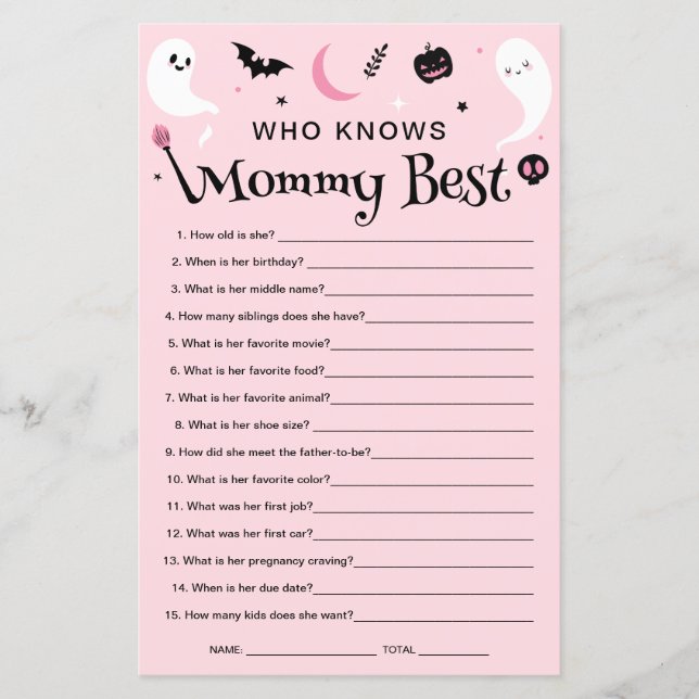 Pink Halloween Baby Shower Who Knows Mummy Game  (Front)