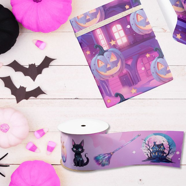 Pink halloween bewitched theme cat pumpkins broom satin ribbon (purple pink bewitched birthday halloween ribbon)