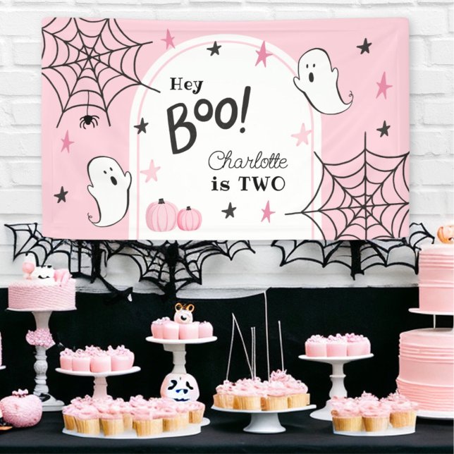 Pink Halloween Birthday Cute Ghost Hey Boo Banner (Creator Uploaded)