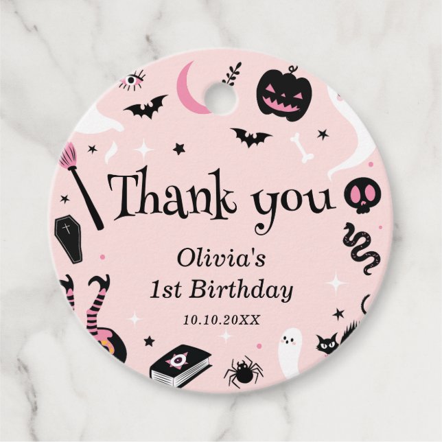 Pink Halloween Birthday Favour Tags (Front)