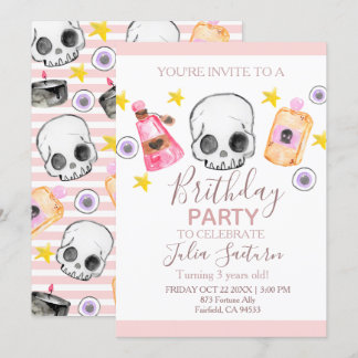 Pink Halloween birthday party girl invitation