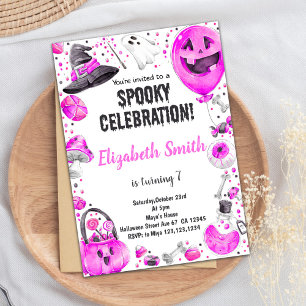 Pink Halloween Birthday Party Invitation for Girls