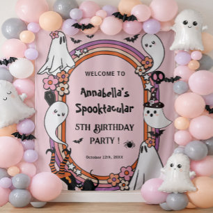 Pink Halloween Birthday Party Kids Banner Welcome Tapestry