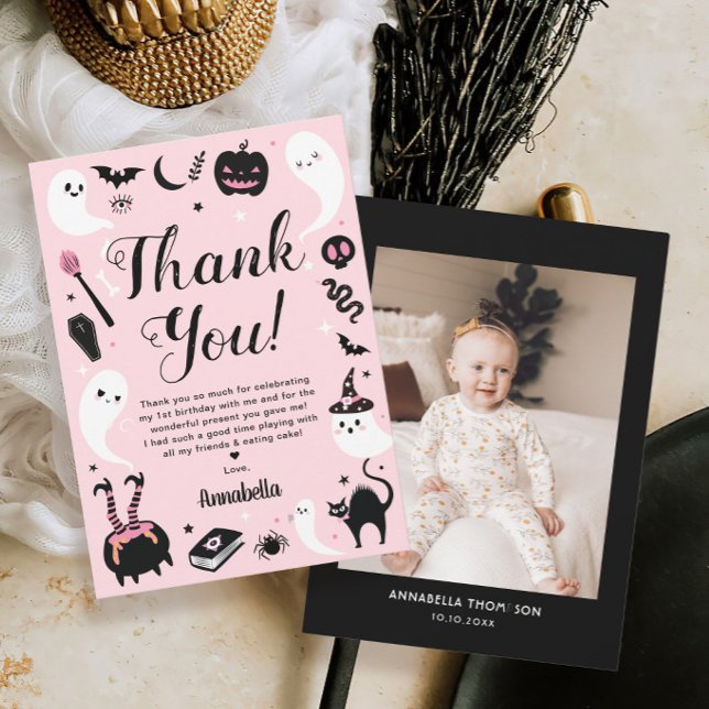 Pink Halloween Birthday Photo Thank You Card (Creator Uploaded)