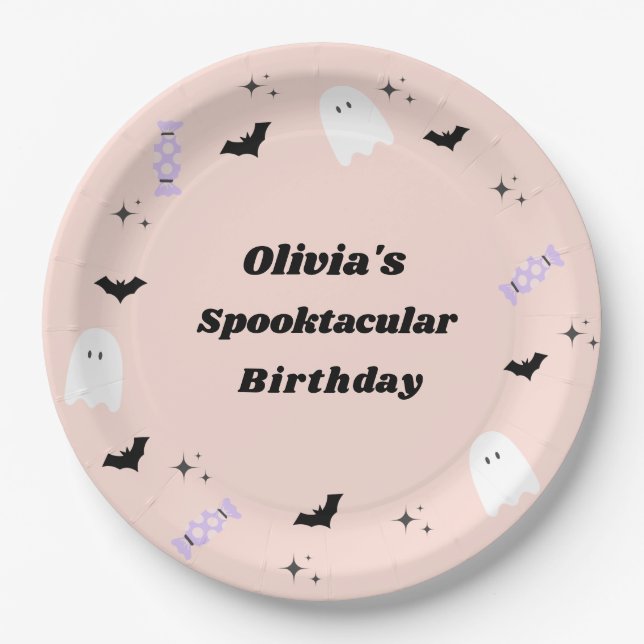 Pink Halloween Birthday Spooktacular Paper Plate (Front)