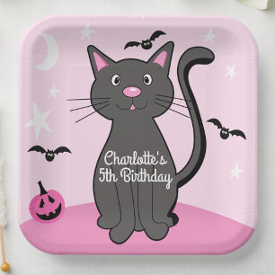 Pink Halloween Black Cat Birthday Girl  Paper Plate