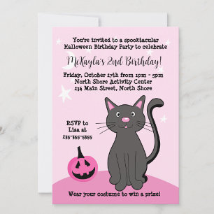 Pink Halloween Black Cat Pumpkin Bat Soft Pink Invitation