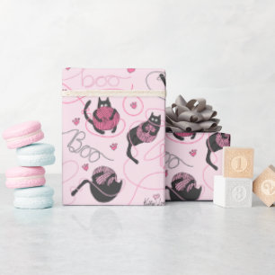 Pink Halloween Boo Black Kitten Wrapping Paper
