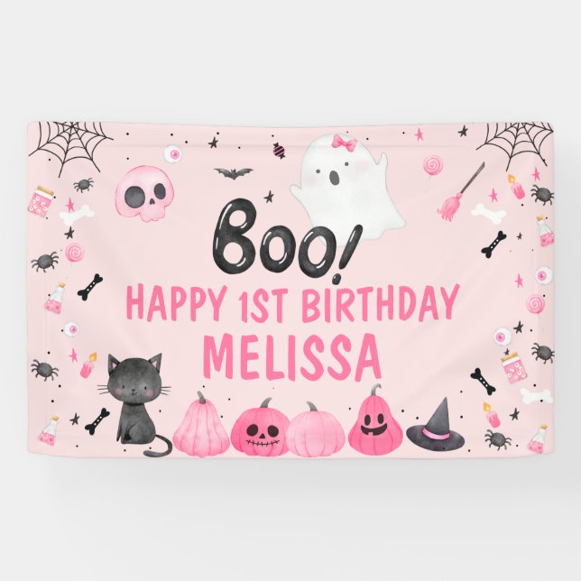Pink Halloween Boo Ghost Happy Birthday Banner (Horizontal)