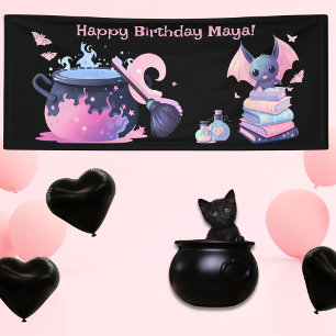 Pink halloween cauldron cute bat happy birthday banner