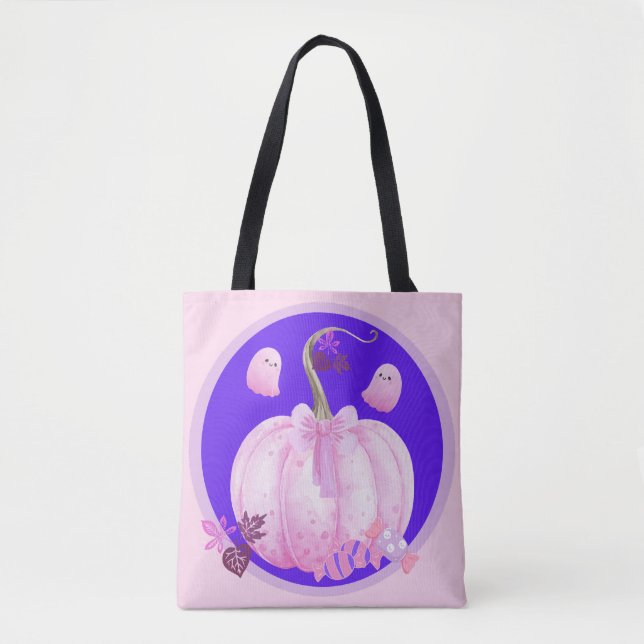 Pink Halloween Coquette Pumpkin with Ghosts Tote Bag (Front)