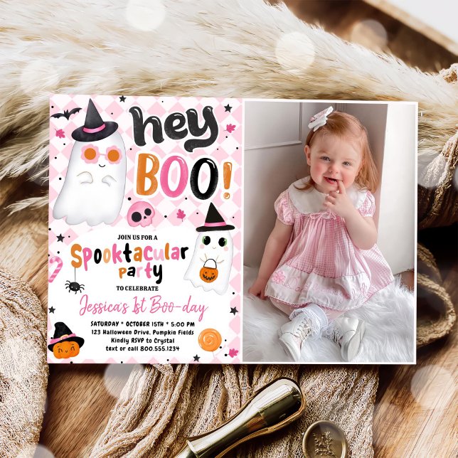 Pink Halloween Cute Ghost 1st Birthday Photo Invitation (Creator Uploaded)