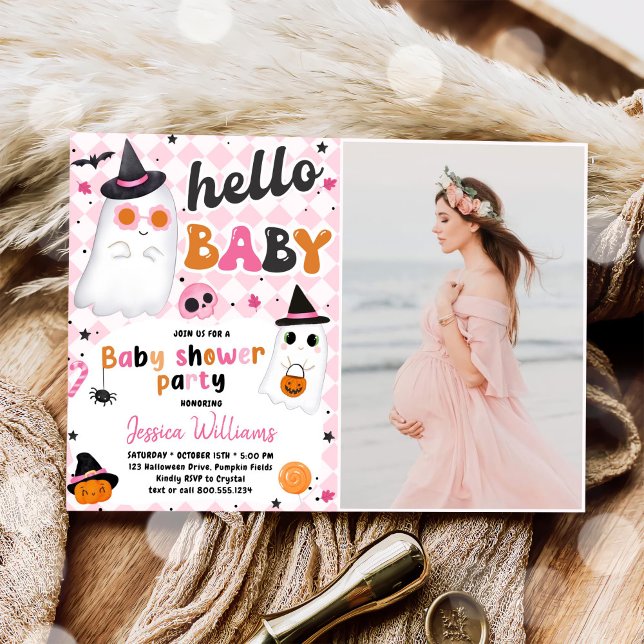 Pink Halloween Cute Ghost Baby Shower Photo Invitation (Creator Uploaded)
