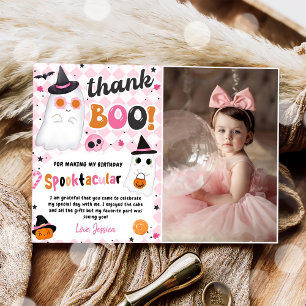 Pink Halloween Cute Ghost Birthday Photo Thank You Card