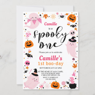 Pink Halloween cute ghost First Birthday Invitation