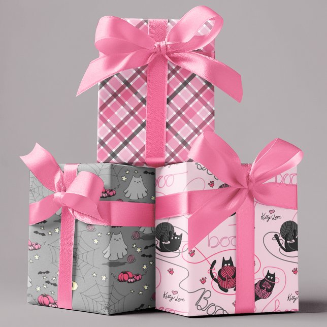 Pink Halloween for Kids Boo Kitty Love Kittens Wrapping Paper Sheet (Cute Spooky Playful Kittens Playing with Pink Yarn that Spells "Boo", Cat Ghosts and Pink Plaid.)