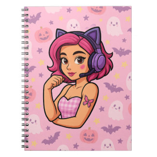 Pink Halloween Gamer Girl Notebook | Kawaii Ghosts