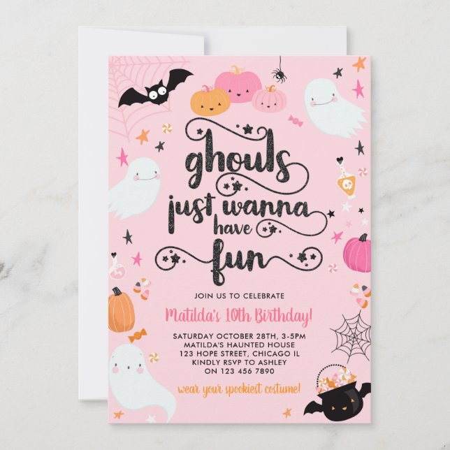 Pink Halloween Ghost Girl Birthday Costume Party Invitation (Front)