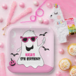 Pink Halloween Ghost Girl Birthday Paper Plate<br><div class="desc">A cute ghost with pink sunglasses and a pink pumpkin. Original Art by Jess Illustration!</div>