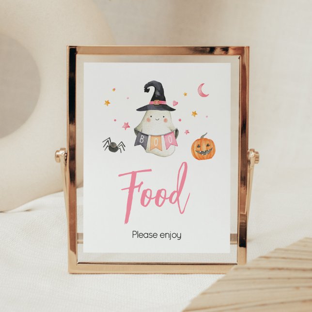 Pink Halloween Ghost Little Boo Baby Shower Food Poster (Little Boo Baby Shower Food Sign)