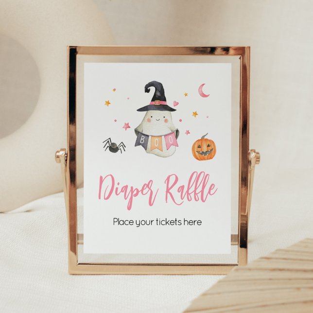 Pink Halloween Ghost Little Boo Baby Shower Poster (Little Boo Baby Shower Diaper Raffle Sign)